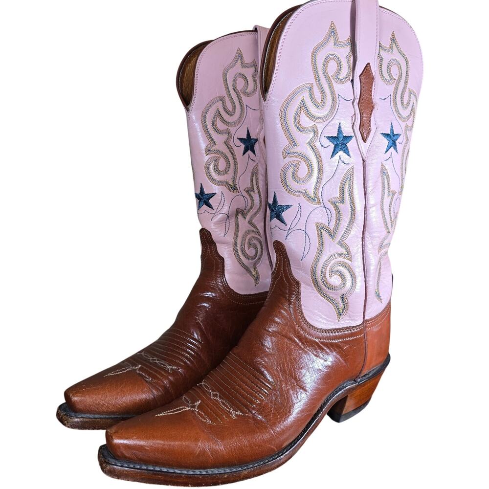 WOMENS Brown LUCCHESE 1883 USA N4535 Embroided Stars SNIP TOE WESTERN BOOTS 7 B